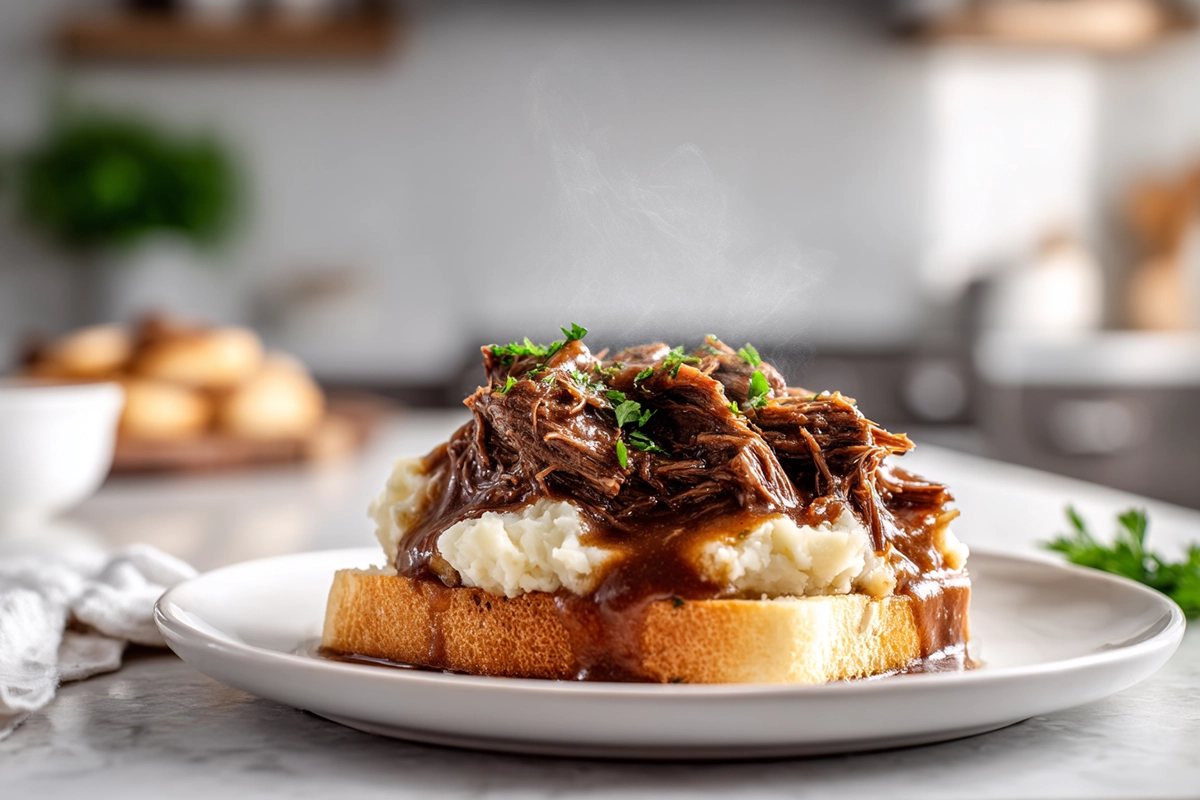 Slow Cooker Beef Manhattan – The Ultimate Comfort Food Classic Made Easy 6 Photorealistic close-up of Slow Cooker Beef Manhattan with mashed potatoes, gravy, and toast on a modern kitchen countertop in natural light.