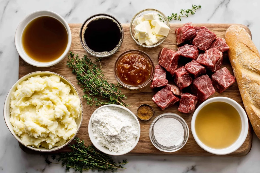Slow Cooker Beef Manhattan – The Ultimate Comfort Food Classic Made Easy 8 Top view of Slow Cooker Beef Manhattan ingredients arranged on a wooden board with beef chunks, broth, herbs, and seasonings in a bright modern kitchen.