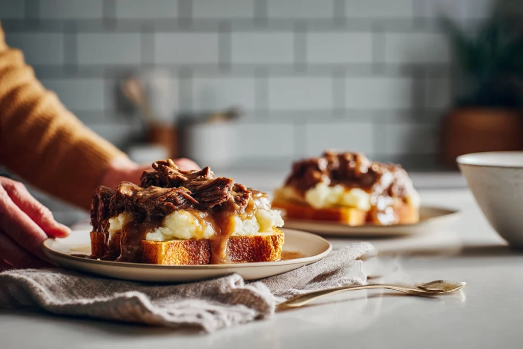 Slow Cooker Beef Manhattan – The Ultimate Comfort Food Classic Made Easy 11 Serving two plates of Slow Cooker Beef Manhattan in a modern kitchen with natural daylight and minimal decor, showcasing mashed potatoes and gravy.