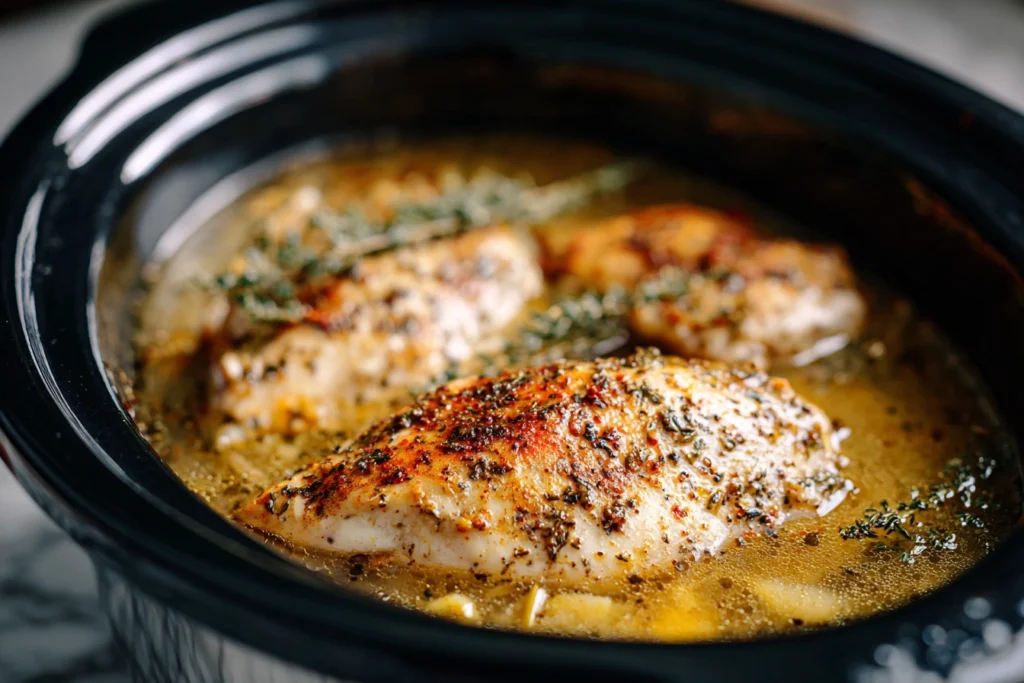 seasoned chicken breasts simmering in crockpot with broth and herbs