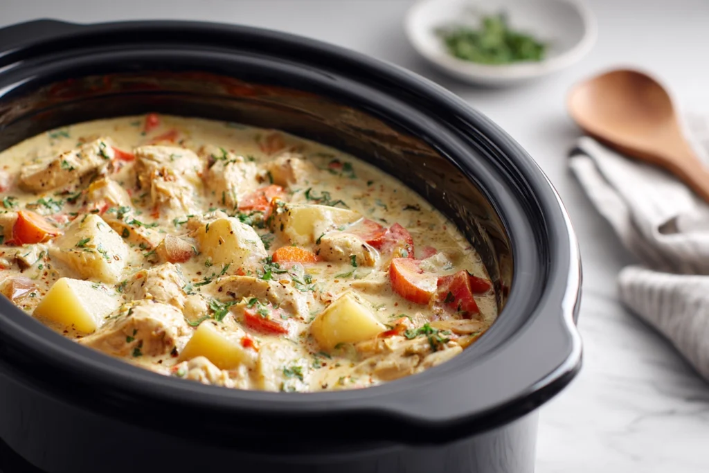 Cozy Comfort in a Bowl: Easy Slow Cooker Chicken Pot Pie 9 creamy filling for easy slow cooker chicken pot pie cooking inside a modern slow cooker