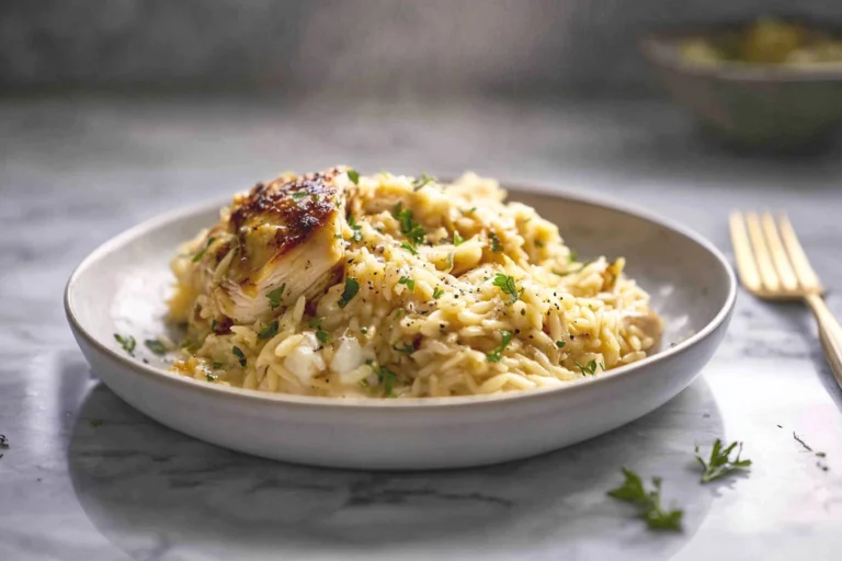 creamy slow cooker parmesan herb chicken orzo served in a white bowl with fresh parsley garnish