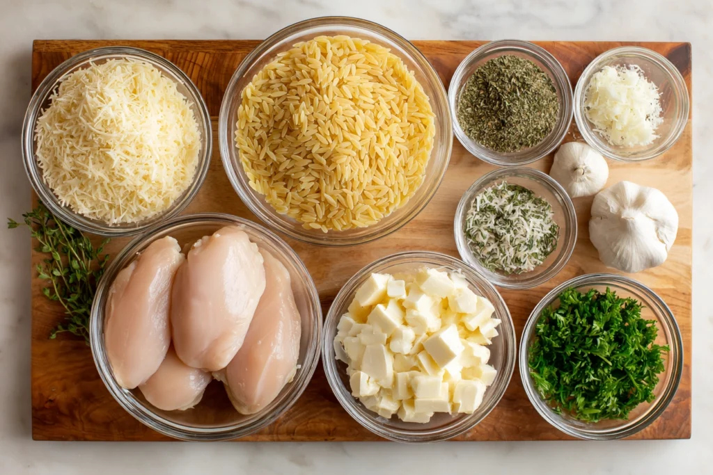 Slow Cooker Parmesan Herb Chicken Orzo – A Comforting One-Pot Dinner You’ll Crave 7 top view of slow cooker parmesan herb chicken orzo ingredients arranged in glass bowls and wooden board
