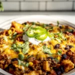 finished slow cooker taco casserole topped with melted cheese, cilantro, and jalapeños on a modern kitchen counter