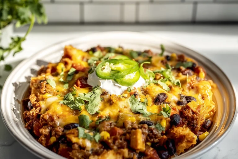 finished slow cooker taco casserole topped with melted cheese, cilantro, and jalapeños on a modern kitchen counter