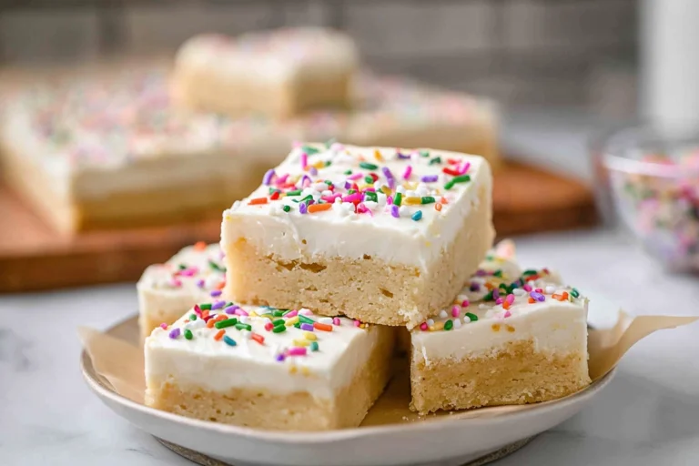 Soft and chewy Sugar Cookie Bars with creamy frosting on a modern ceramic plate