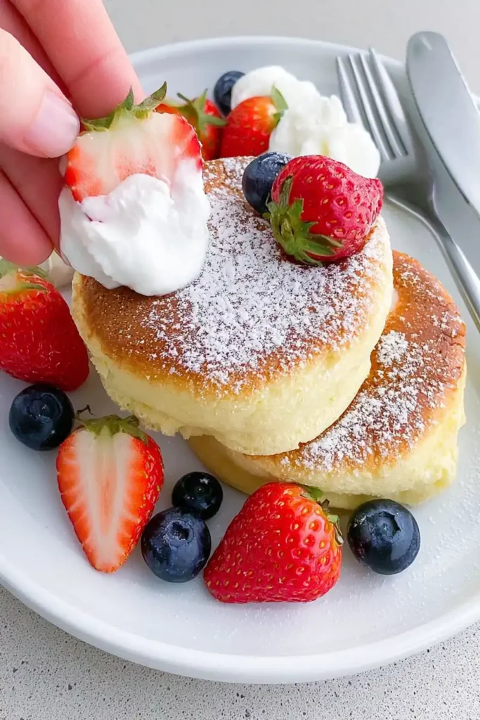 Soufflé Pancakes with Whipped Cream and Fresh Berries 19 Soufflé pancakes served with whipped cream, fresh berries, and icing sugar