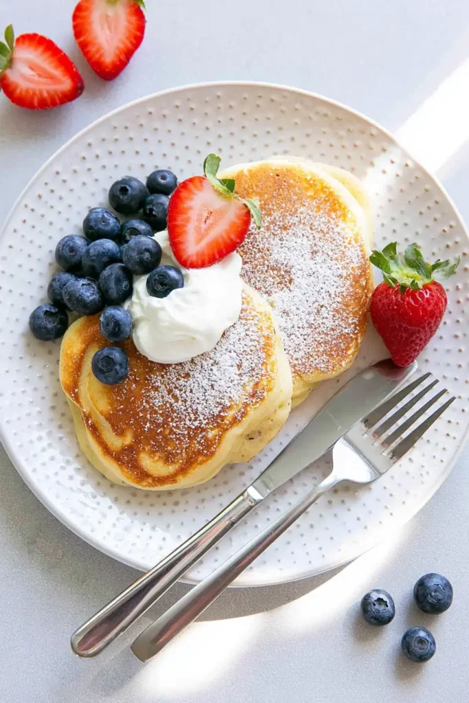 Soufflé Pancakes with Whipped Cream and Fresh Berries 2 Tall soufflé pancakes with whipped cream, strawberries, and blueberries