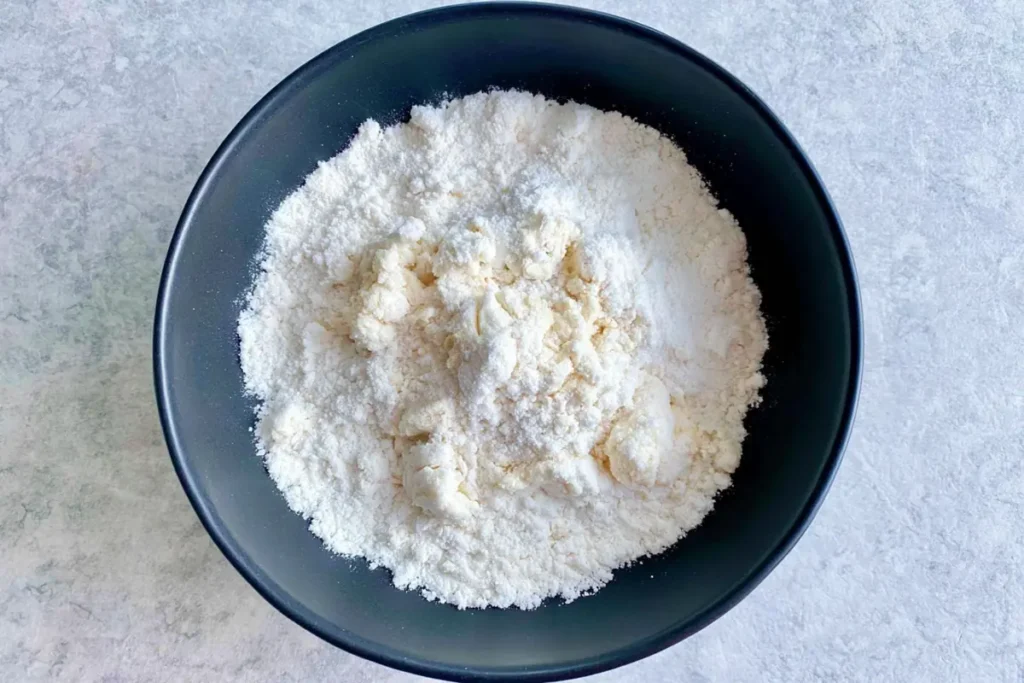Soufflé Pancakes with Whipped Cream and Fresh Berries 5 Measured plain flour and baking powder for soufflé pancakes