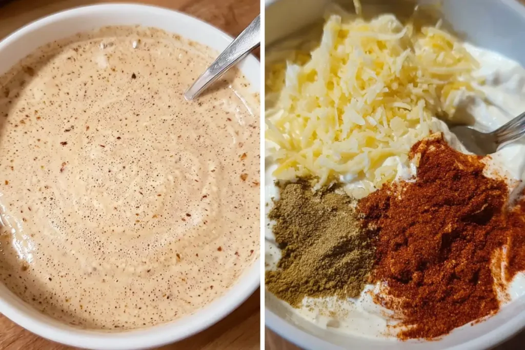 Smooth sour cream sauce for pan-fried dumplings with garlic and spices