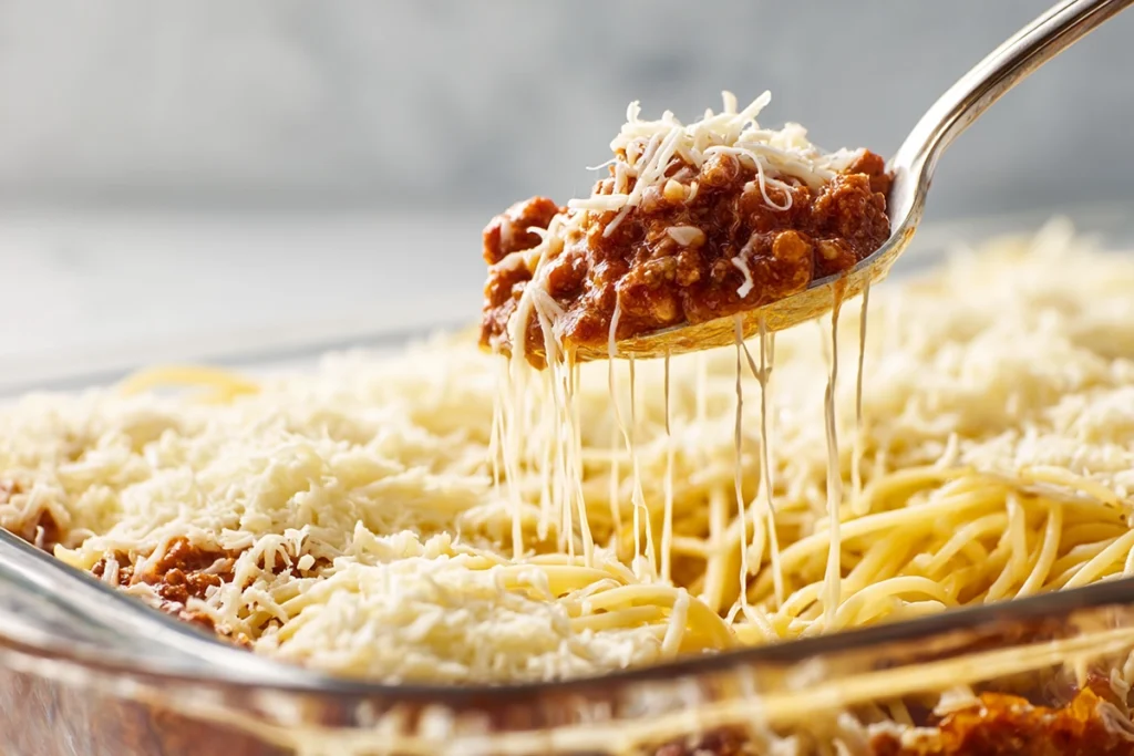 Southern Spaghetti Bake: A Hearty Comfort Dish with Southern Soul 10 Layering spaghetti, meat sauce, and cheese in a casserole dish to assemble Southern Spaghetti Bake.
