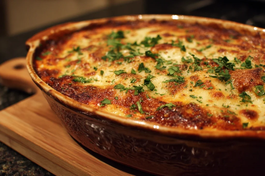Southern Spaghetti Bake: A Hearty Comfort Dish with Southern Soul 11 Freshly baked Southern Spaghetti Bake casserole with melted golden cheese and steam rising in a bright modern kitchen.
