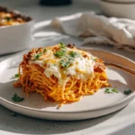 Southern Spaghetti Bake: A Hearty Comfort Dish with Southern Soul 7 Southern Spaghetti Bake served on a modern white plate, topped with melted cheese and parsley in a bright kitchen setting.
