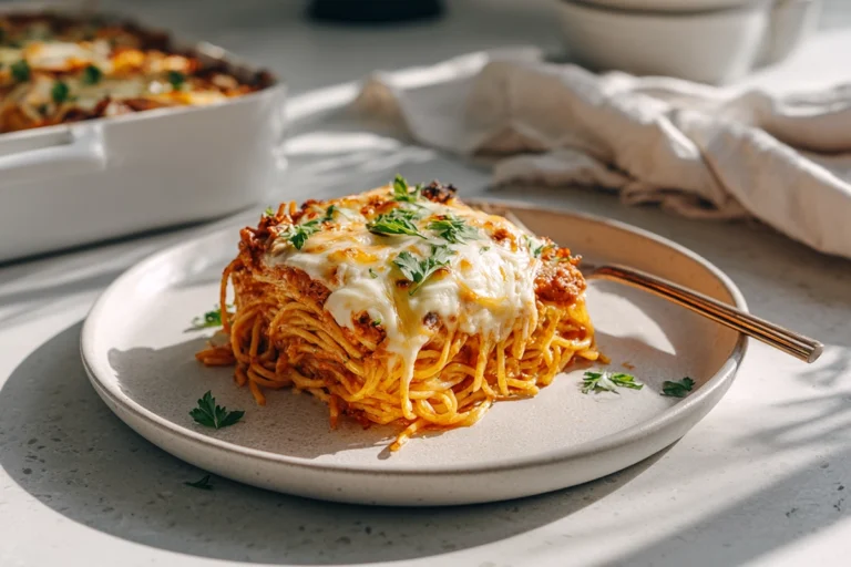 Southern Spaghetti Bake: A Hearty Comfort Dish with Southern Soul 13 Southern Spaghetti Bake served on a modern white plate, topped with melted cheese and parsley in a bright kitchen setting.