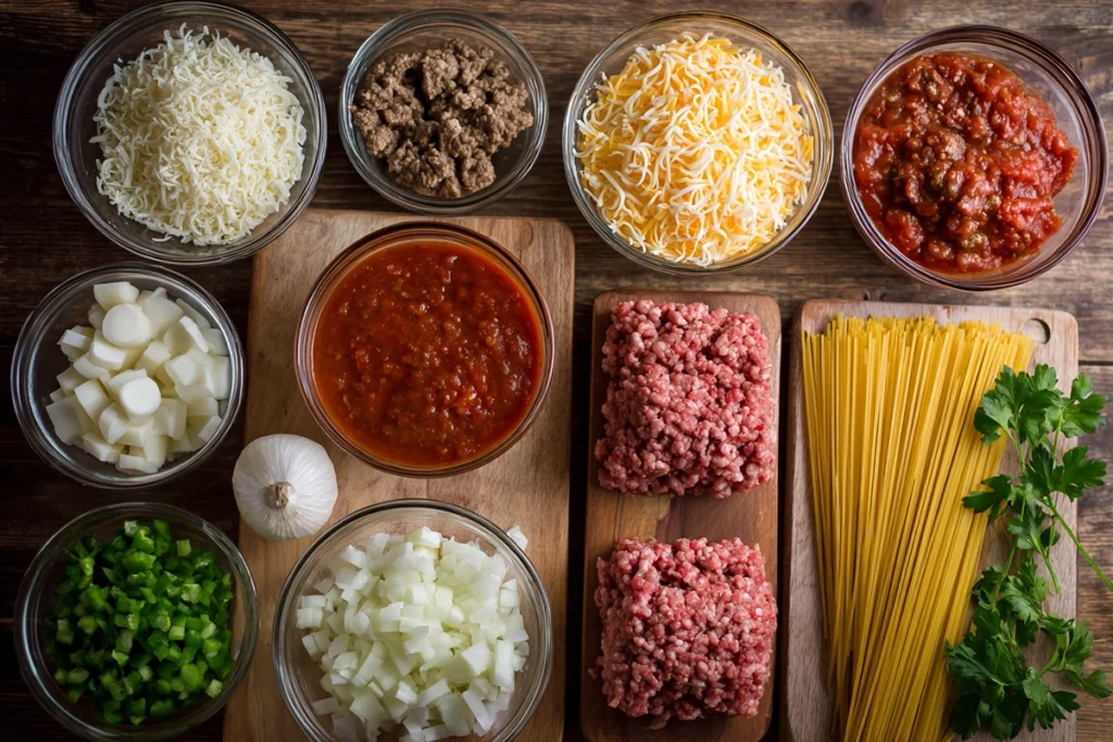 Southern Spaghetti Bake: A Hearty Comfort Dish with Southern Soul 8 Overhead shot of Southern Spaghetti Bake ingredients including pasta, cheese, tomato sauce, beef, sausage, and vegetables on a kitchen counter.