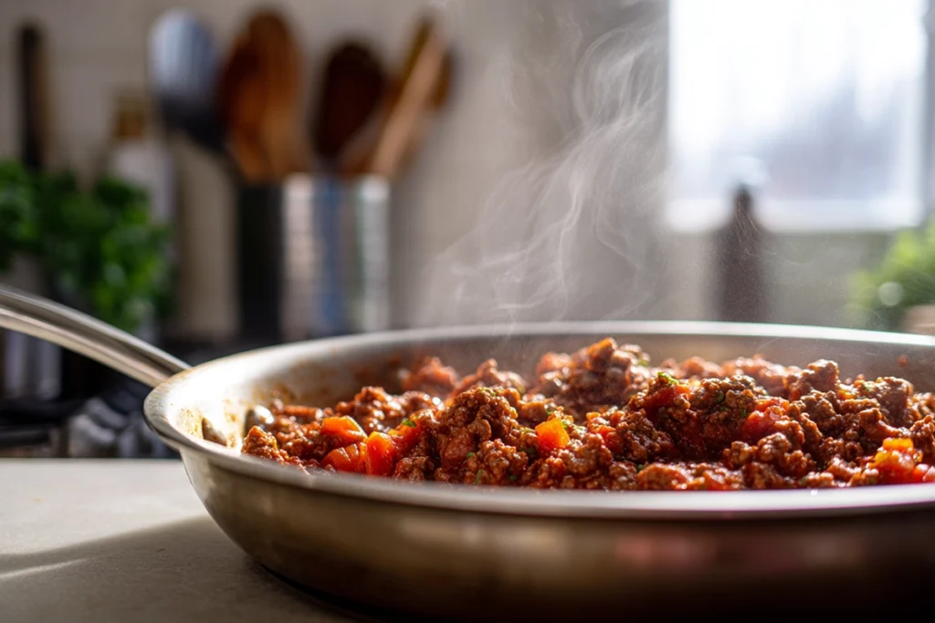 Southern Spaghetti Bake: A Hearty Comfort Dish with Southern Soul 9 Meat sauce for Southern Spaghetti Bake simmering in a skillet with ground beef, onions, and tomato sauce under natural light.