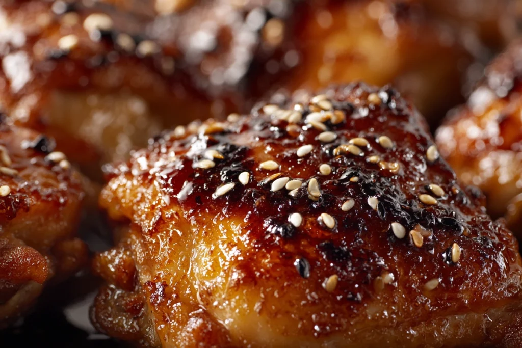close-up of soy garlic chicken thighs showing glossy glaze and crispy surface details