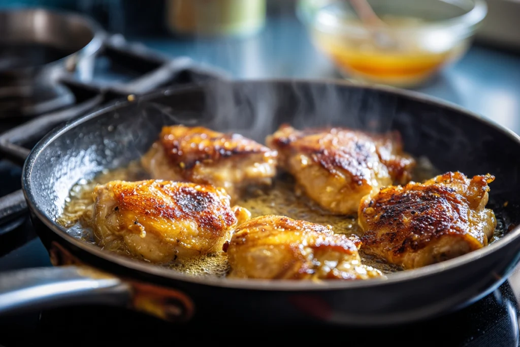 chicken thighs searing in soy garlic glaze on modern stovetop under daylight