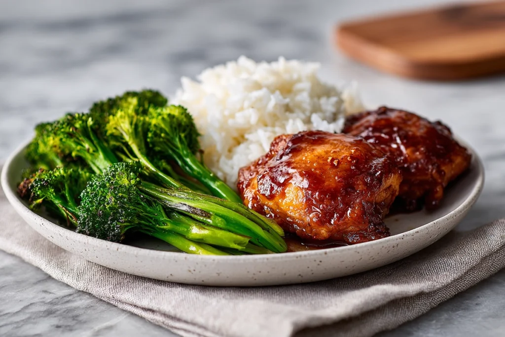 plated soy garlic chicken thighs with rice and broccoli in bright natural kitchen setting