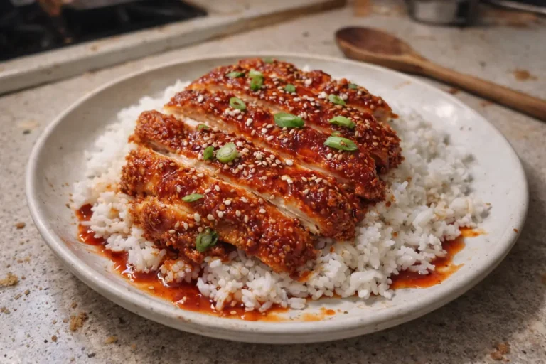 Spicy Korean Chicken Katsu sliced over rice with glossy red gochujang sauce and sesame seeds in a home kitchen setting.