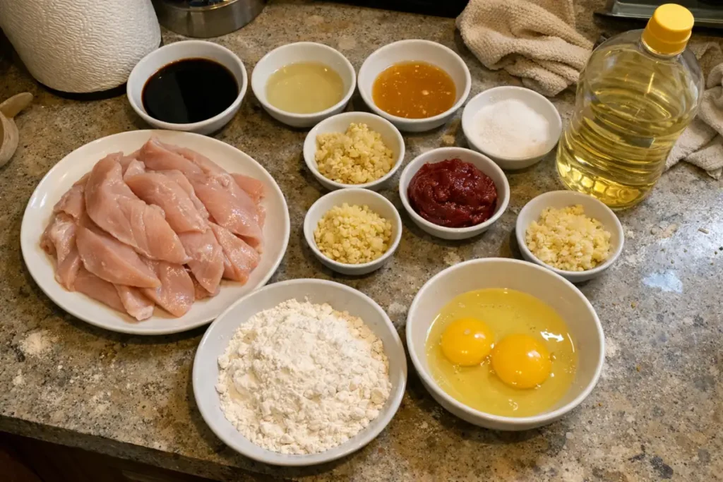 Ingredients for Spicy Korean Chicken Katsu including chicken breasts, gochujang, soy sauce, flour, eggs, and panko breadcrumbs on a kitchen counter.