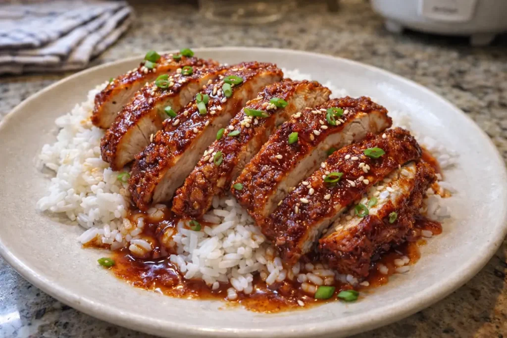 Sliced Spicy Korean Chicken Katsu served over rice with sesame seeds and green onions in a home kitchen.