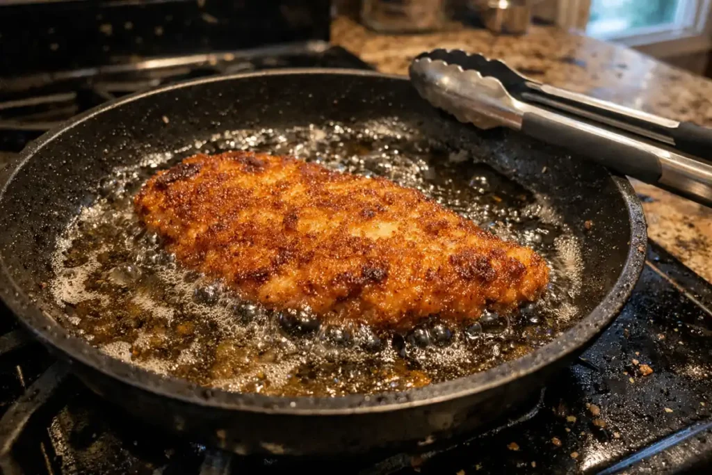 Breaded chicken frying in shallow oil with golden crispy crust forming for Spicy Korean Chicken Katsu.