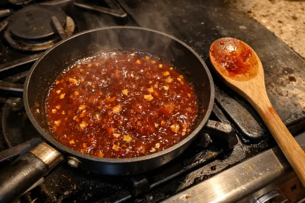 Gochujang sauce simmering and thickening in a pan for Spicy Korean Chicken Katsu.