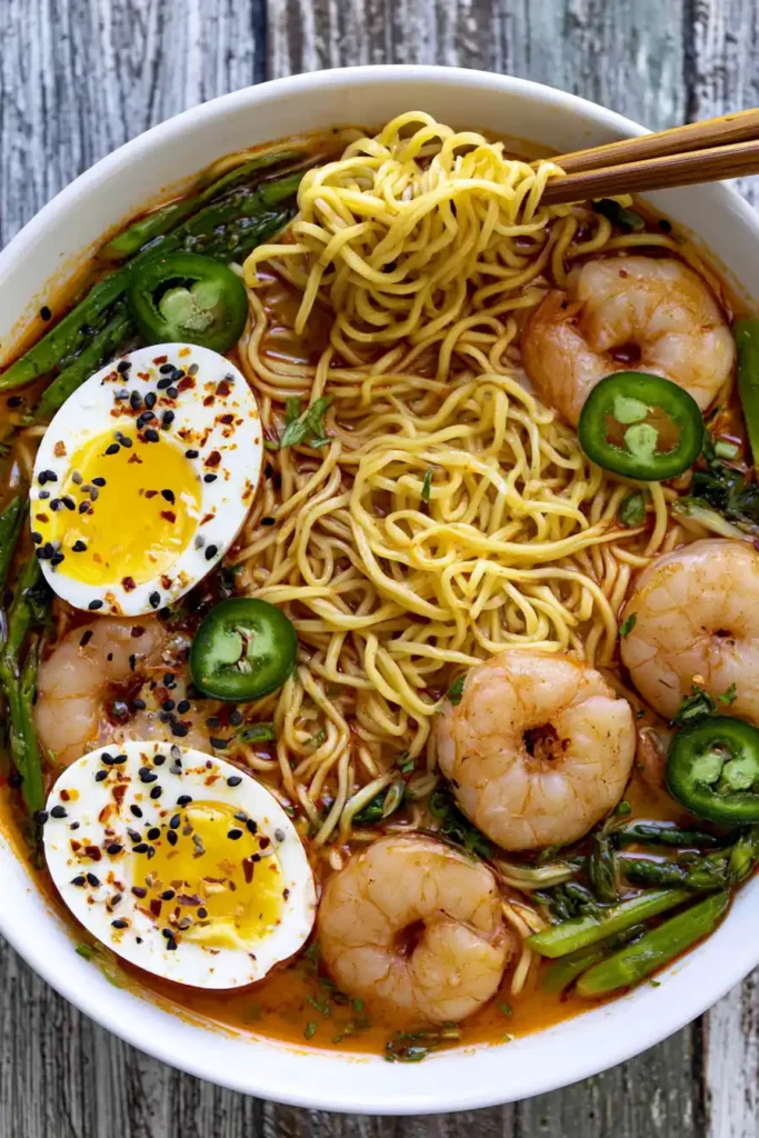 Spicy Ramen Noodles With Shrimp and a Fiery Homemade Broth 6 Spicy ramen noodles with shrimp and soft-boiled eggs served with wooden chopsticks