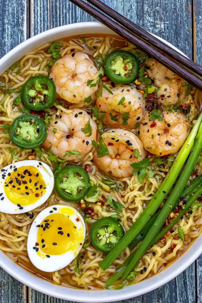 Spicy Ramen Noodles With Shrimp and a Fiery Homemade Broth 4 Spicy ramen noodles with shrimp, soft-boiled eggs, serrano peppers, and sesame seeds