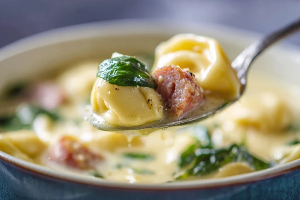 Creamy Sausage Tortellini Soup – The Cozy One-Pot Dinner You’ll Crave All Winter 10 close-up of spoonful creamy sausage tortellini soup with spinach and sausage