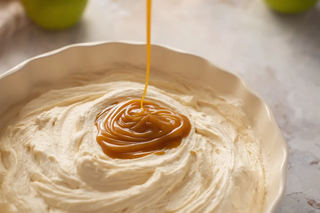 Cream Cheese Caramel Apple Dip – A Sweet Fall Favorite You’ll Crave All Year 9 Close-up of cream cheese layer being spread for caramel apple dip in a white dish
