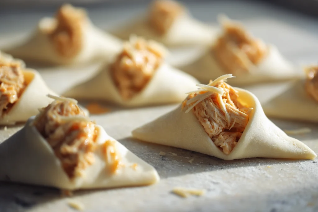 close-up of assembling cheesy chicken crescent rolls with chicken filling on dough