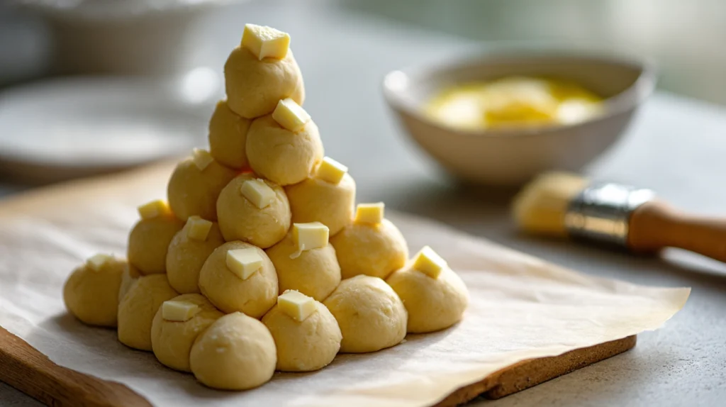 Cheesy Pull-Apart Christmas Tree Bread: The Ultimate Holiday Showstopper 9 arranging dough balls for cheesy pull apart Christmas tree bread on parchment paper