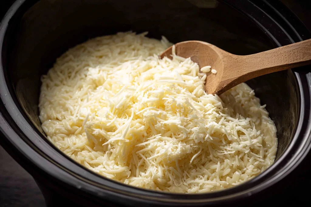 Slow Cooker Parmesan Herb Chicken Orzo – A Comforting One-Pot Dinner You’ll Crave 9 parmesan melting into creamy slow cooker chicken and orzo mixture under natural light