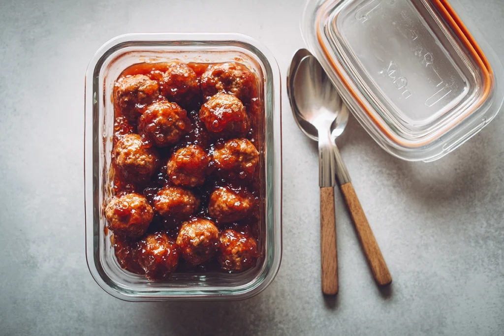 Stored meatballs with grape jelly in a glass meal-prep container