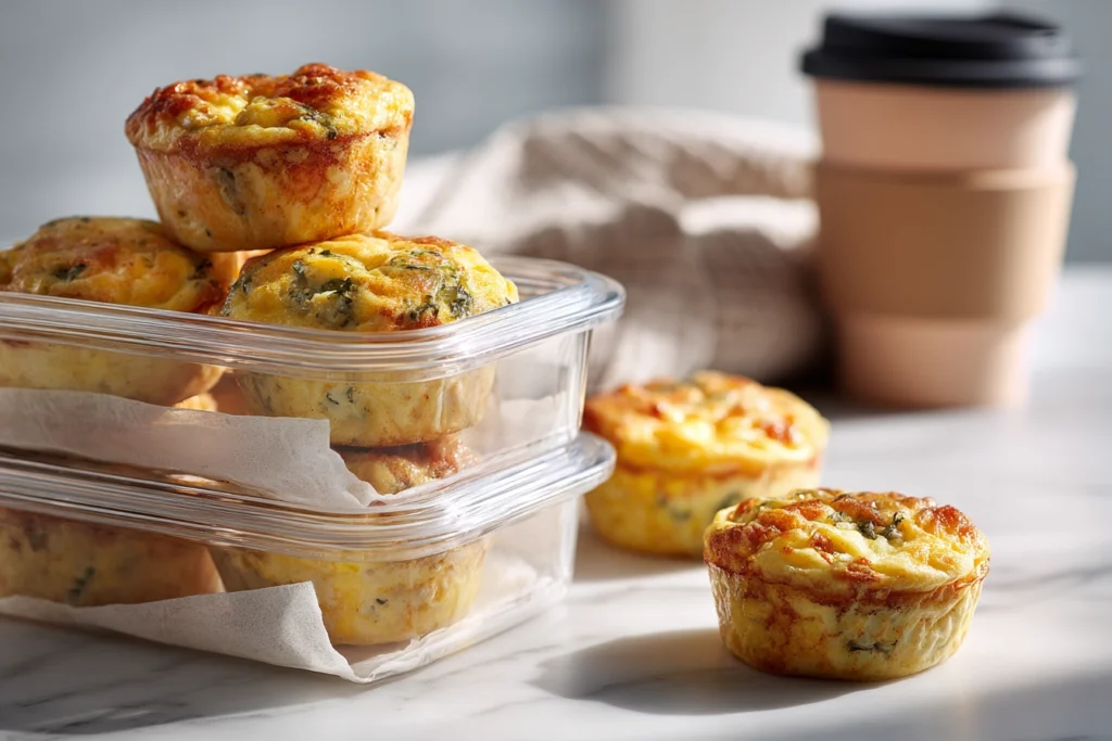 Fluffy Egg Muffins for Busy Mornings: A Healthy Make-Ahead Breakfast 10 meal prep container filled with egg muffins on marble kitchen counter under daylight