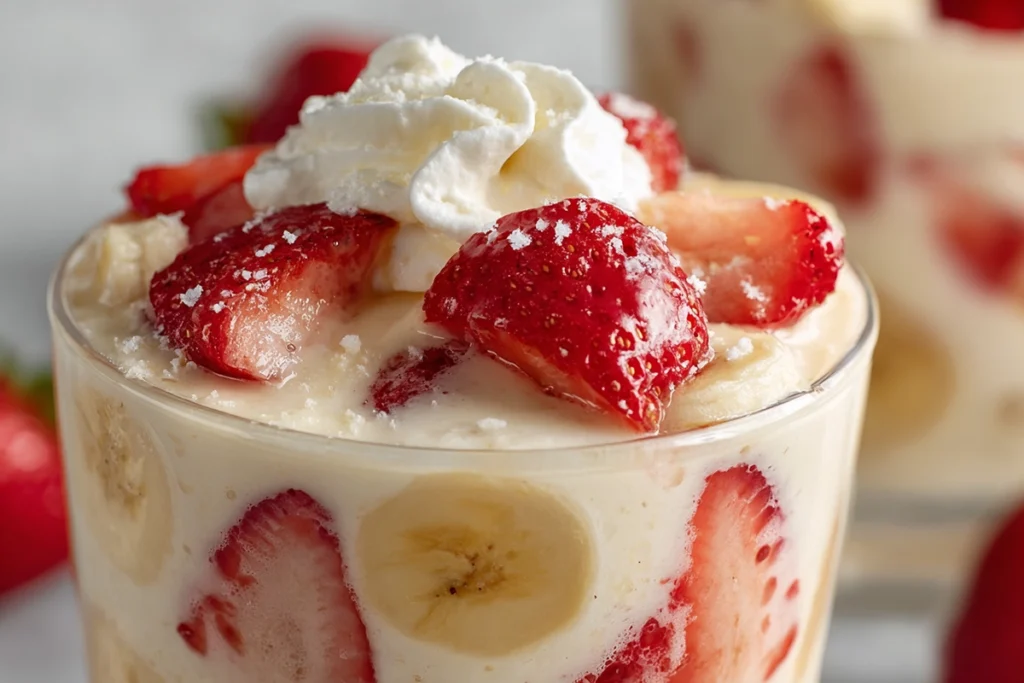 Strawberry Banana Pudding: A Creamy Southern Twist on a Classic Dessert 10 Close-up of strawberry banana pudding dessert cup showing creamy layers of pudding, banana slices, and fresh strawberries.