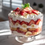Strawberry Banana Pudding: A Creamy Southern Twist on a Classic Dessert 7 Strawberry banana pudding trifle dessert layered with vanilla wafers, fresh strawberries, and bananas in a glass bowl under natural daylight.