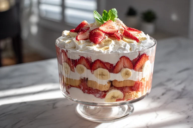 Strawberry banana pudding trifle dessert layered with vanilla wafers, fresh strawberries, and bananas in a glass bowl under natural daylight.
