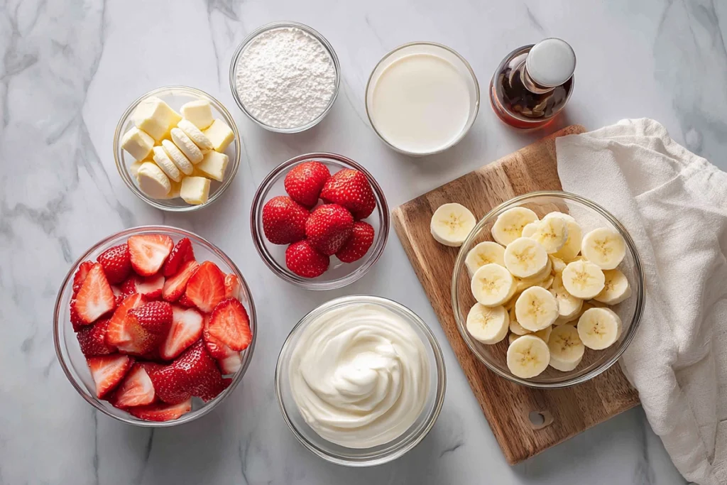 Strawberry Banana Pudding: A Creamy Southern Twist on a Classic Dessert 8 Overhead view of strawberry banana pudding ingredients arranged in glass bowls on a marble counter with bright natural lighting.