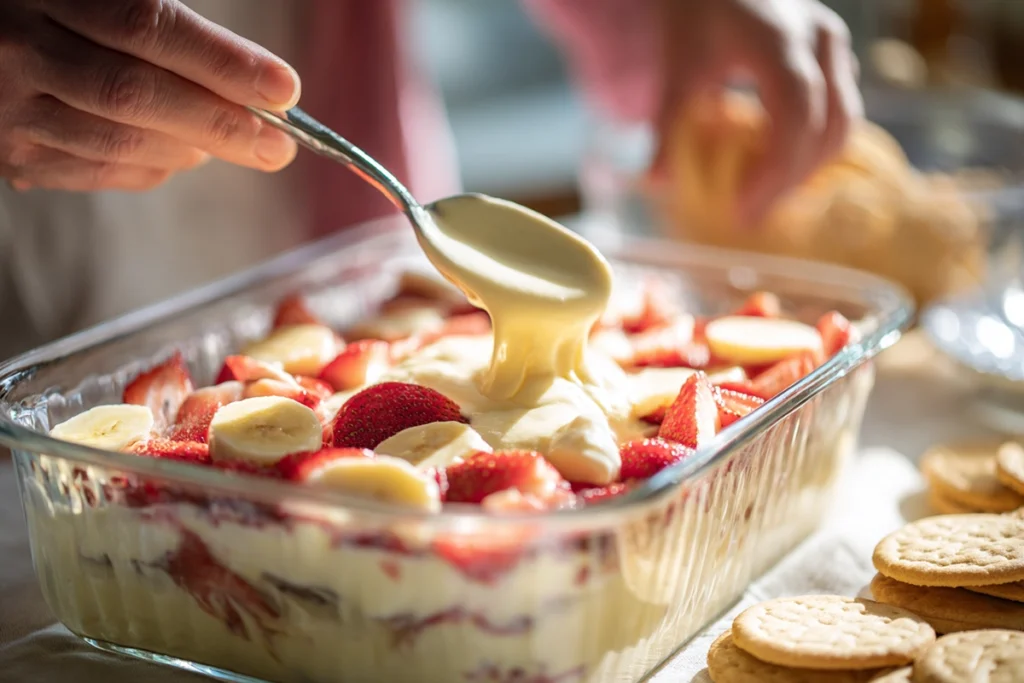 Strawberry Banana Pudding: A Creamy Southern Twist on a Classic Dessert 9 Hands layering strawberry banana pudding with vanilla wafers, sliced bananas, and strawberries in a clear dish under bright daylight.
