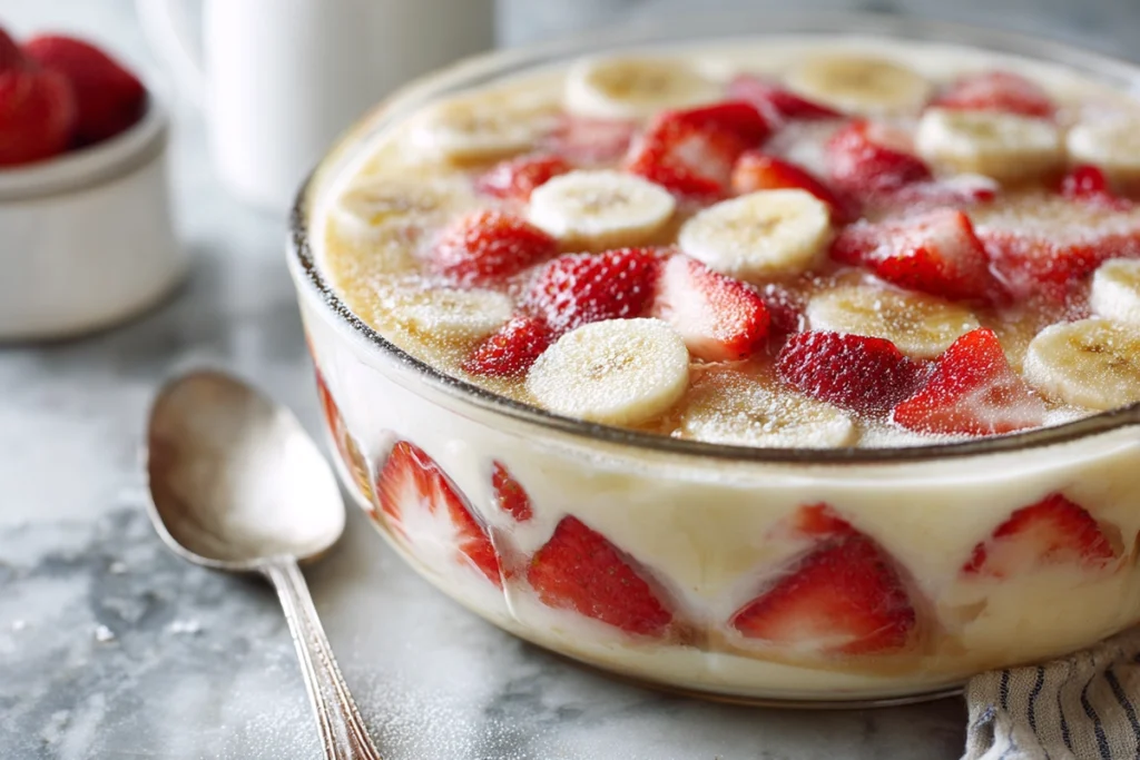 Strawberry Banana Pudding: A Creamy Southern Twist on a Classic Dessert 11 Chilled strawberry banana pudding trifle with fresh fruit layers on marble counter in bright natural light, ready to serve.