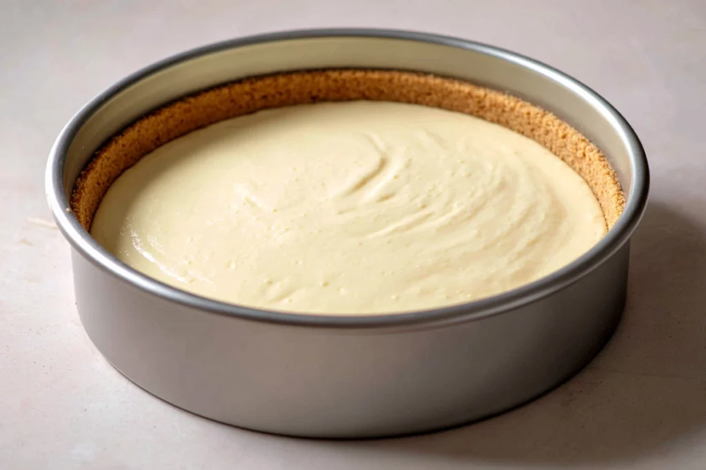 strawberry cheesecake batter poured into graham cracker crust before baking