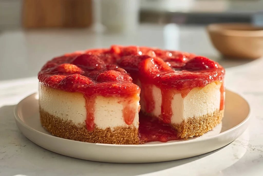 strawberry cheesecake on a modern ceramic plate in a cozy home kitchen