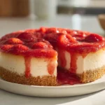 strawberry cheesecake on a modern ceramic plate in a cozy home kitchen