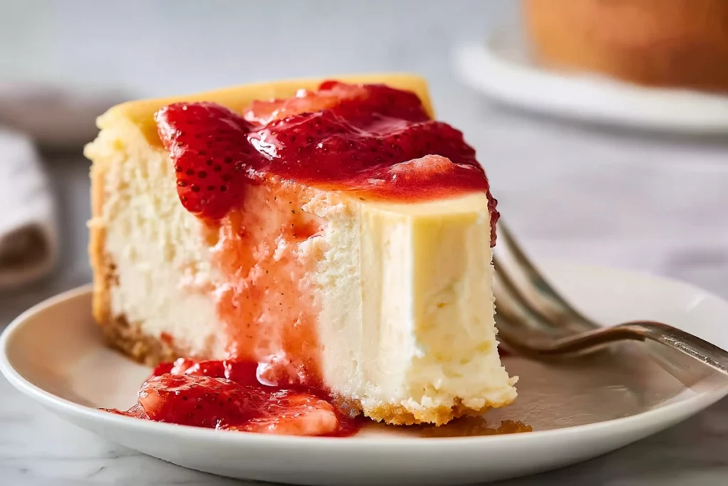 sliced strawberry cheesecake showing creamy texture and fresh topping