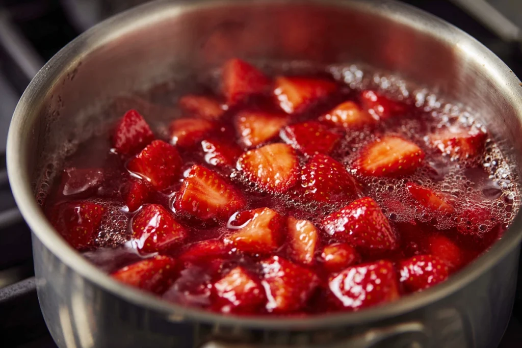 strawberry topping cooking on the stove for strawberry cheesecake