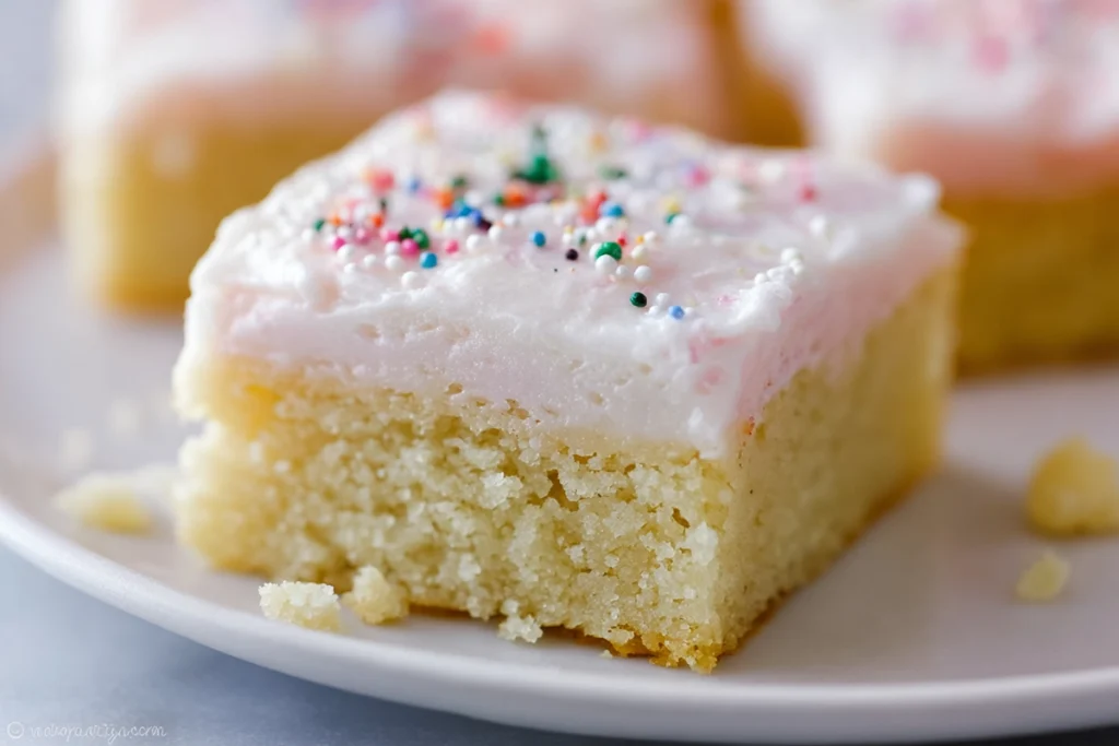 Close-up of soft sugar cookie bar texture with creamy frosting on a white plate