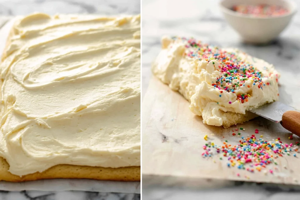 Frosting being spread over baked sugar cookie bars with a spatula under bright natural light